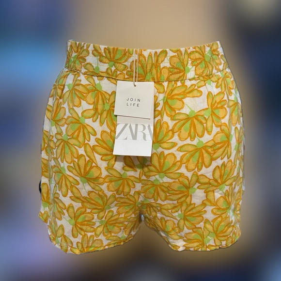 NWT Zara Floral Yellow Green Boho Shorts Matching Set Piece Size XL - Picture 4 of 7